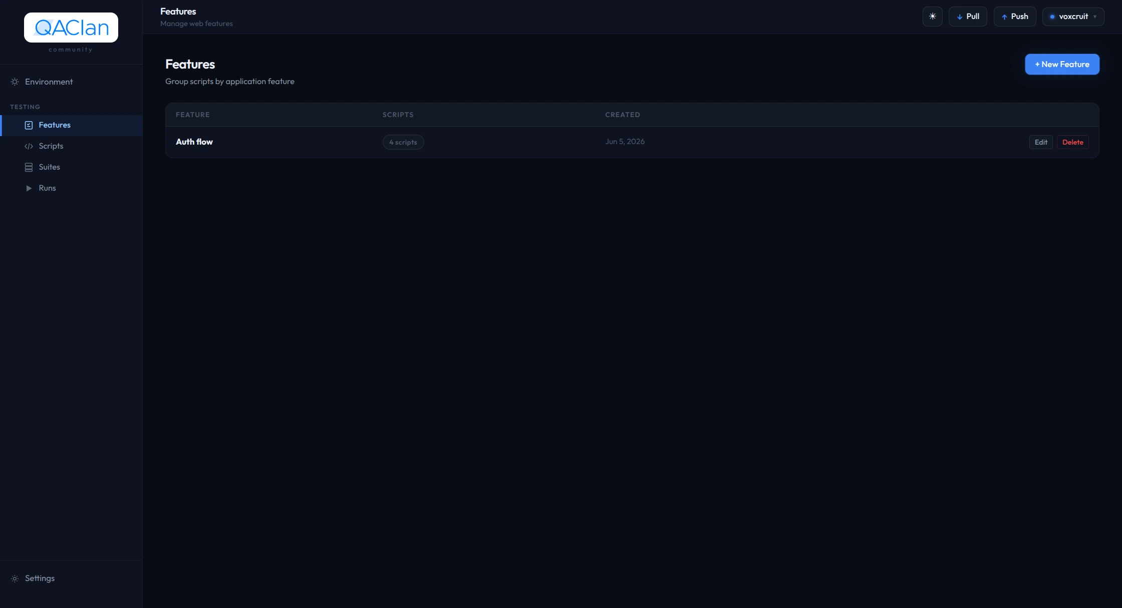 Features page in the QAClan agent listing grouped features