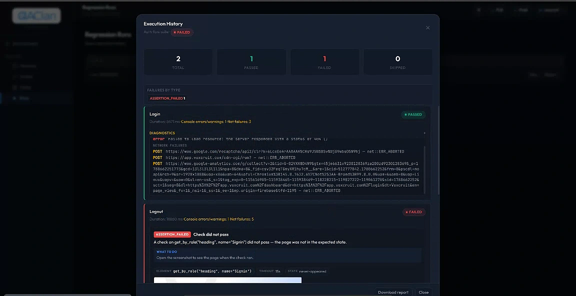 Agent execution-history report shown right after a suite run