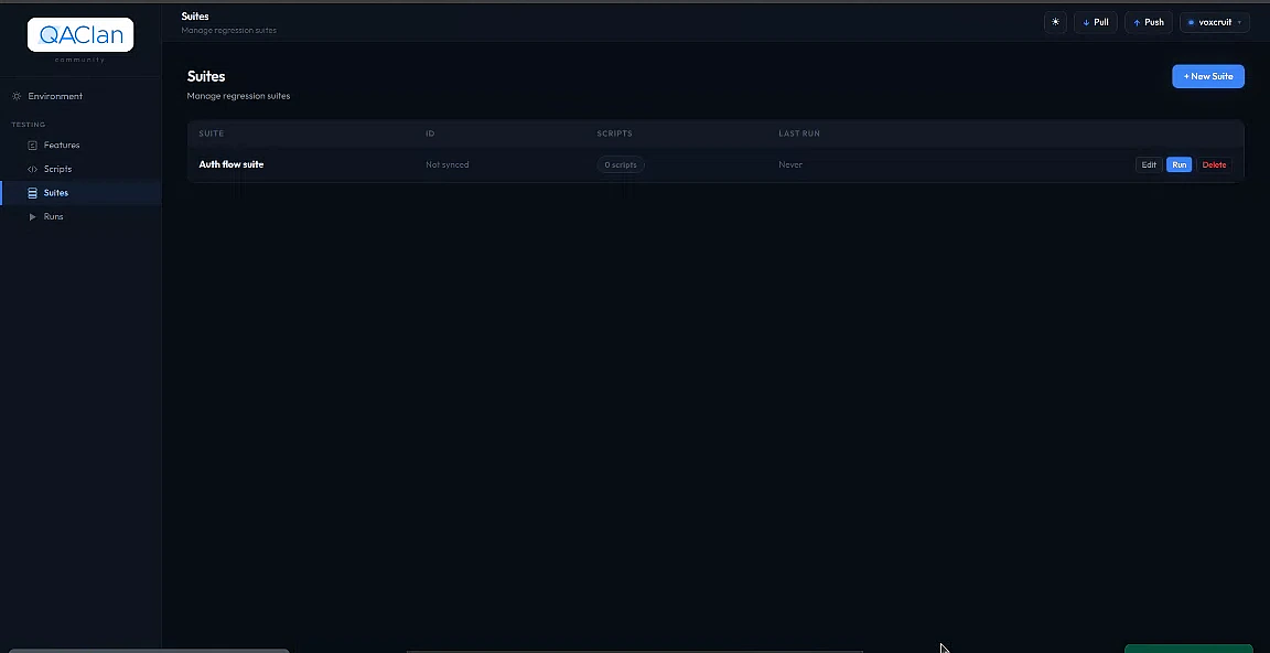Suites page in the QAClan agent