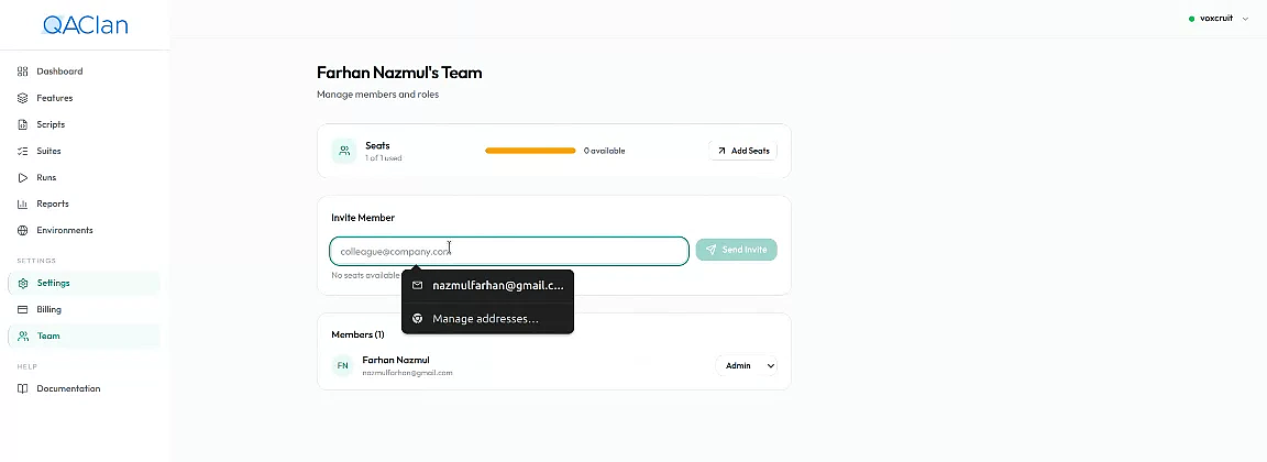 Team page on qaclan.com — seats, invite member, and member list