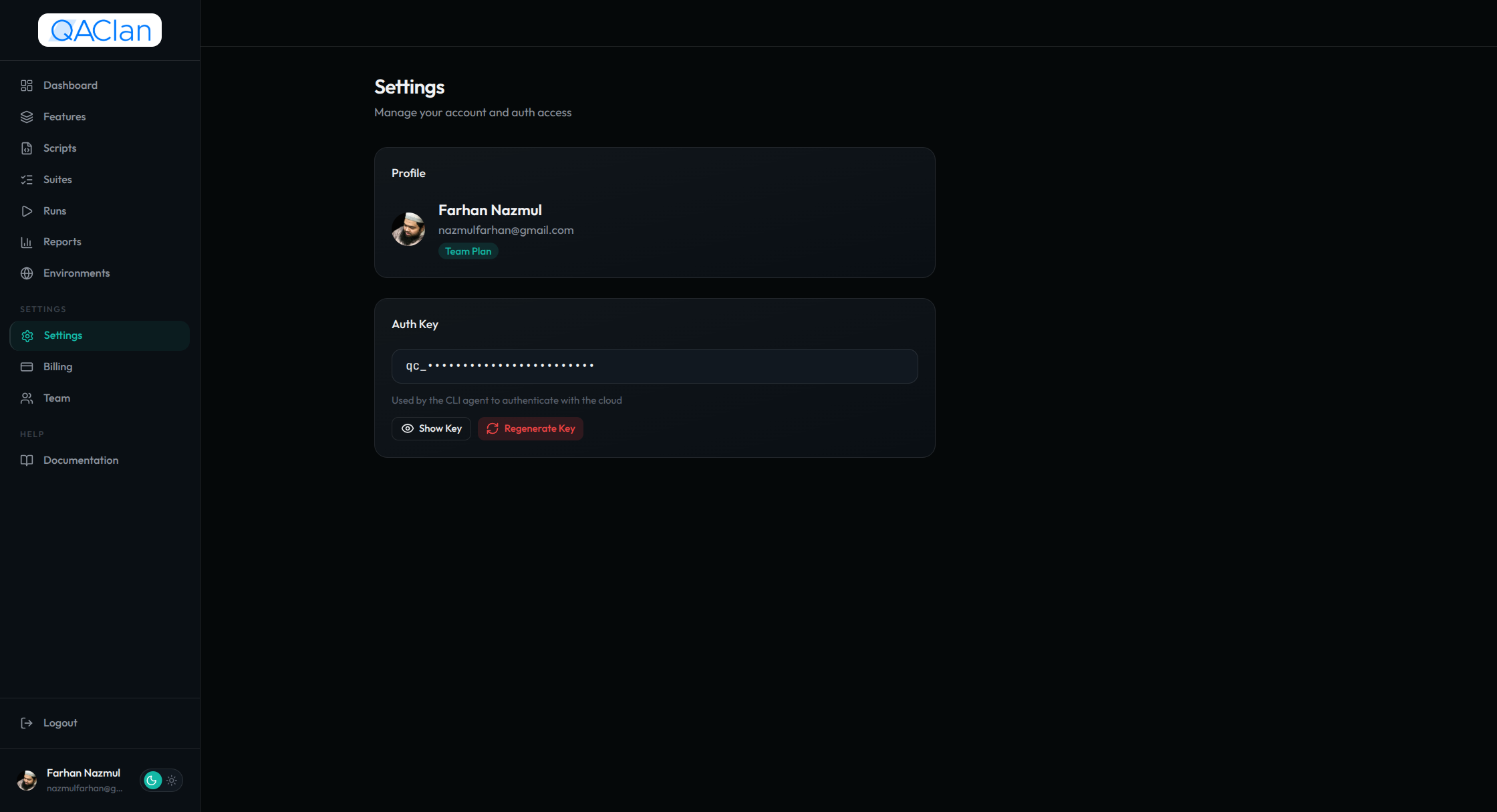 Settings page on qaclan.com — Auth Key with Show Key and Regenerate Key